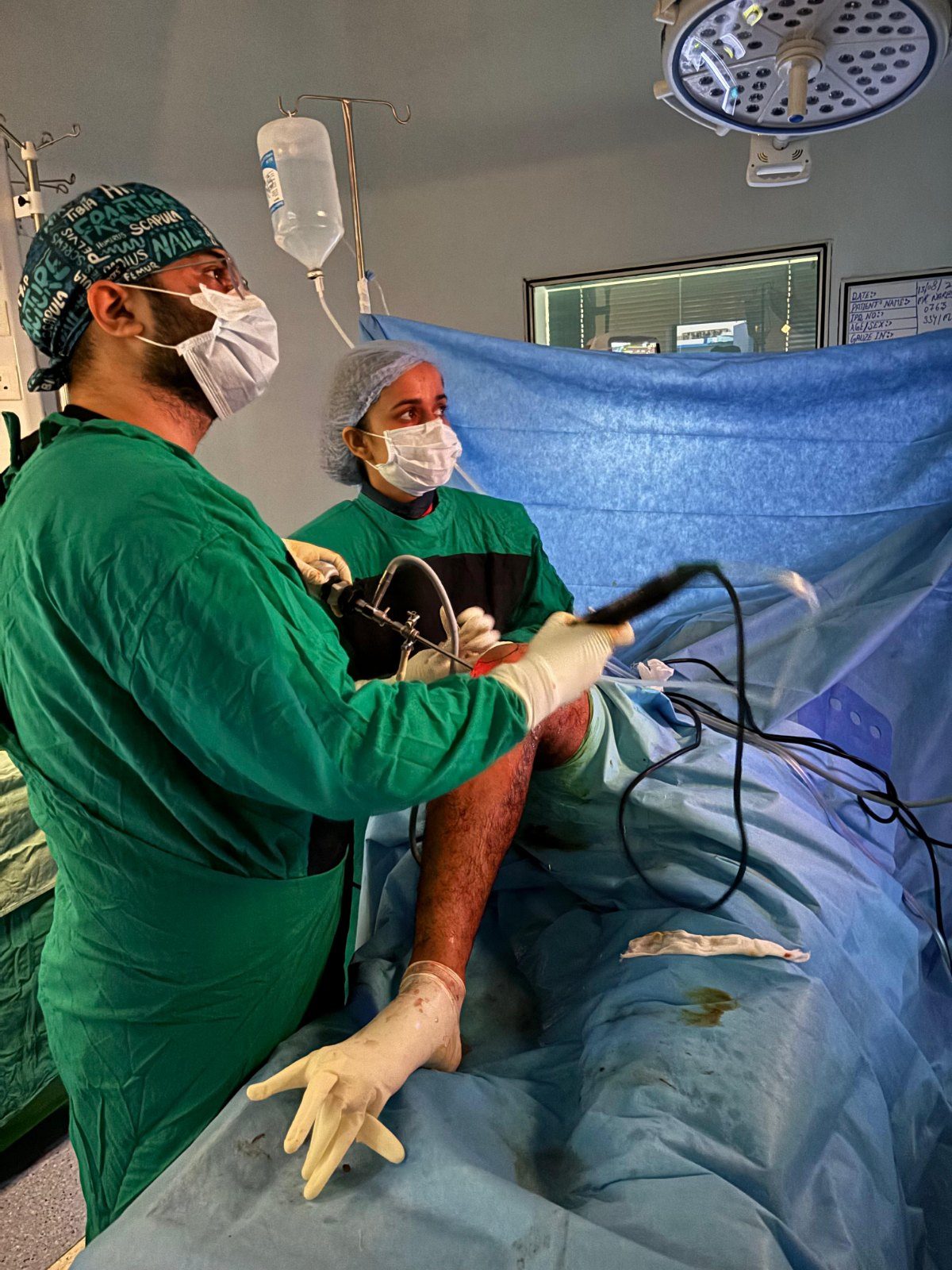 Arthroscopic knee surgery in progress in theatre